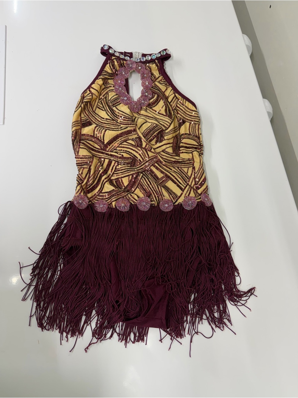 Girls Burgundy & Gold Fringe Halter Dance Costume